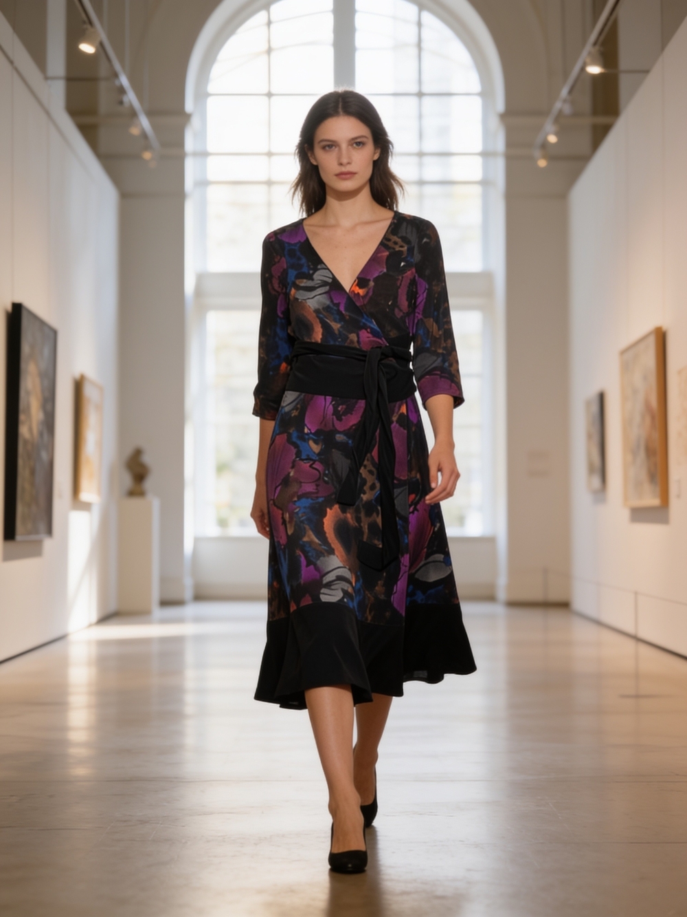 Jones New York Multi Color Black Abstract Floral Wrap Midi Dress SIZE 12